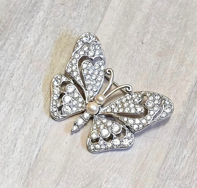 Vintage butterfly brooch, signed Monet, with clear rhinestones
