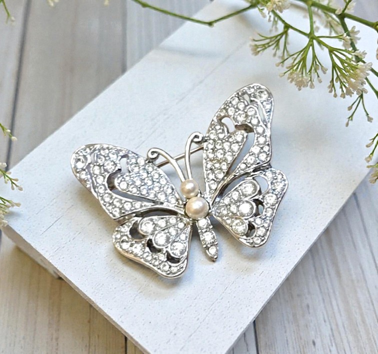 Vintage butterfly brooch, signed Monet, with clear rhinestones