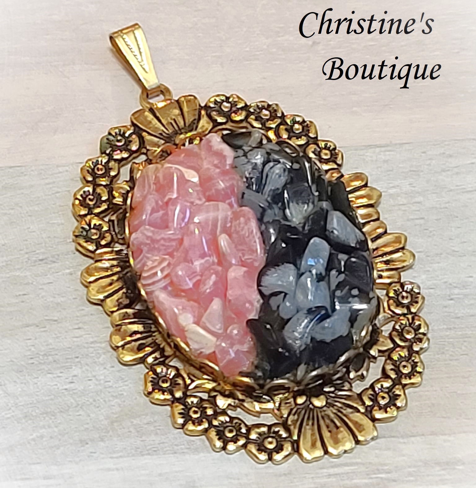 Vintage Gemstone Pendant, Agate and Snowflake Obsidian Pendant - Click Image to Close