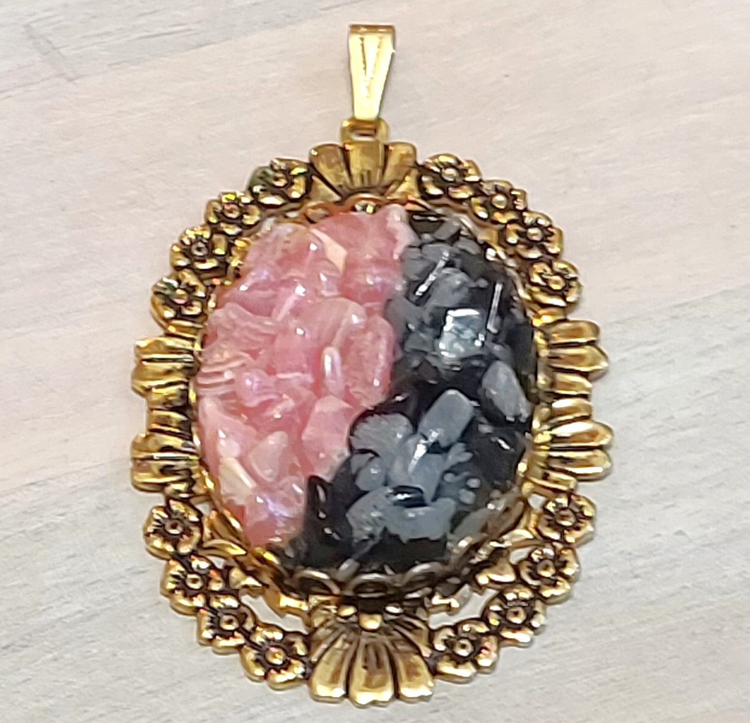 Vintage Gemstone Pendant, Agate and Snowflake Obsidian Pendant