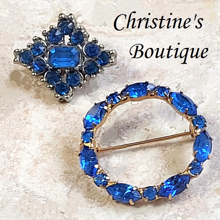 Blue rhinestone pins, vintage pins set of 2 - Click Image to Close