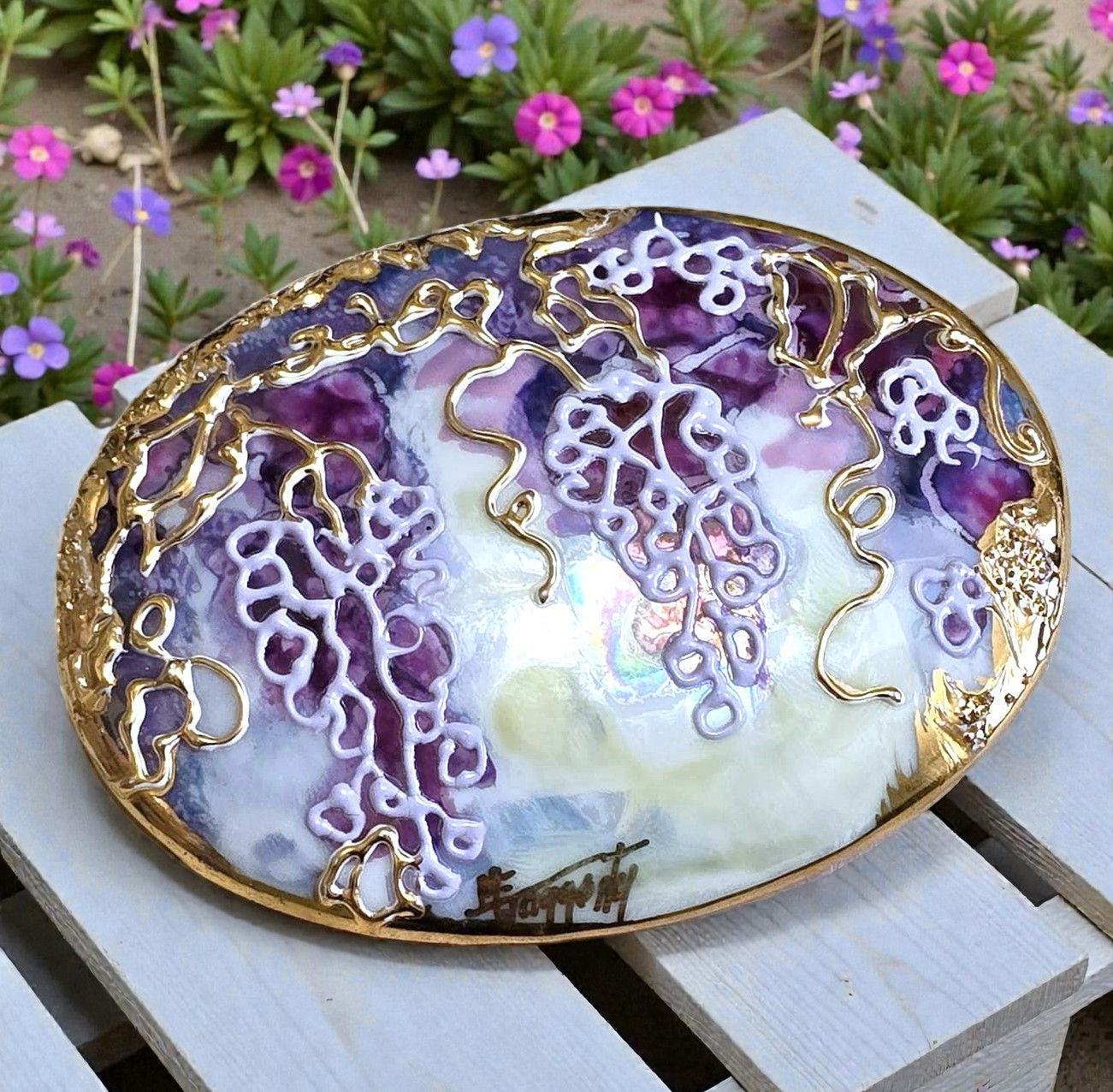 Artsy Brooch Porcelain Handpainted Grapes and brushed gold plate