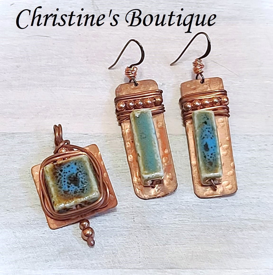 Copper and ceramic pendant and earrings set, handcrafted, wire wrapped