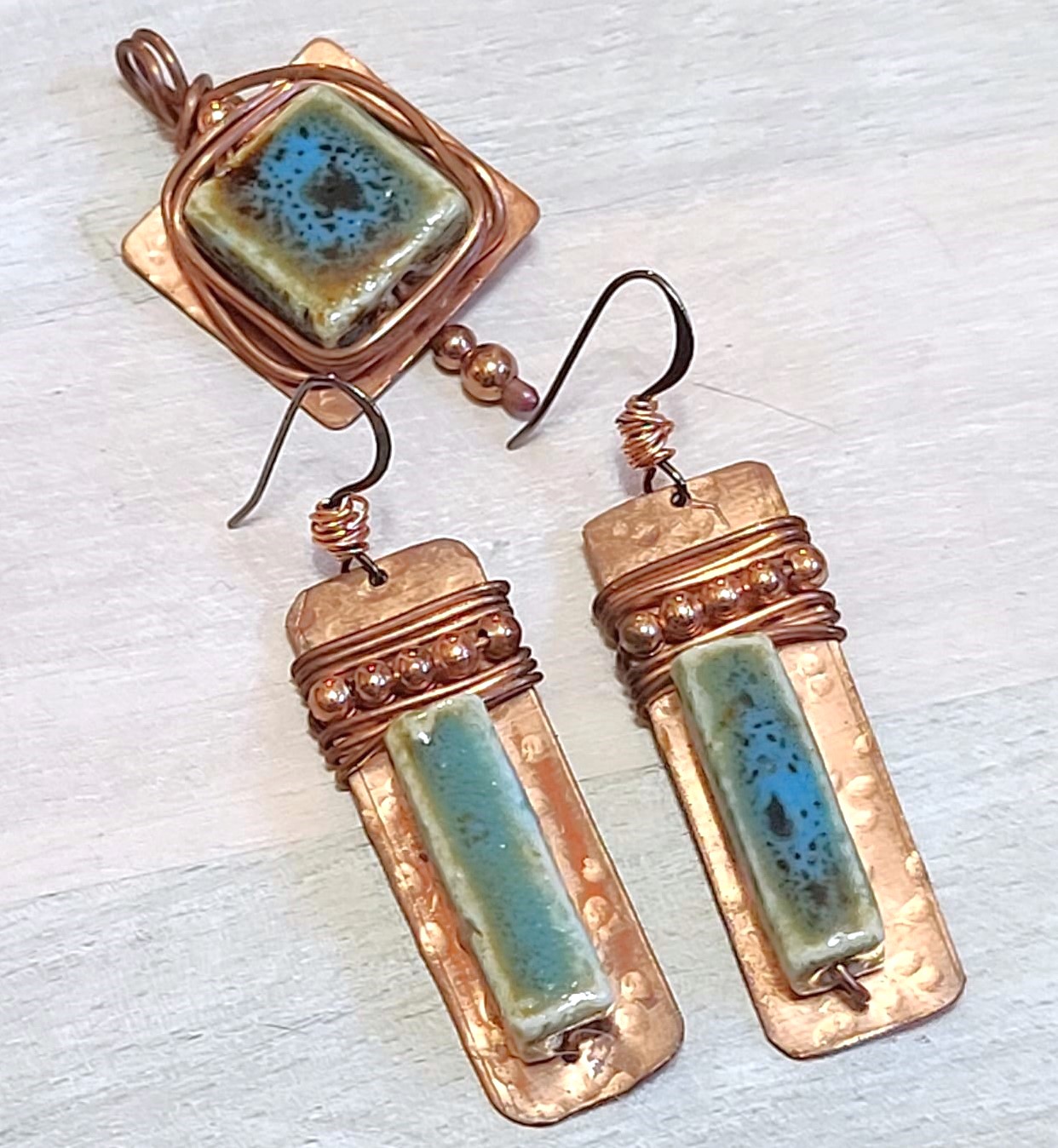 Copper and ceramic pendant and earrings set, handcrafted, wire wrapped