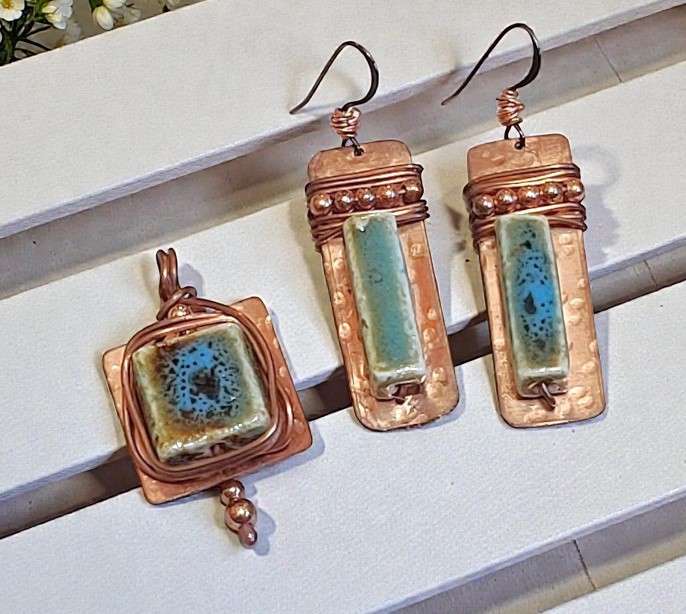 Copper and ceramic pendant and earrings set, handcrafted, wire wrapped
