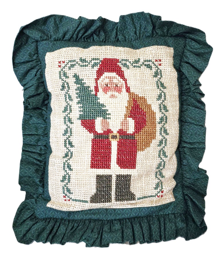 Handmade cross stitch Santa pillow case cover, with ruffle 16 x 12 inches