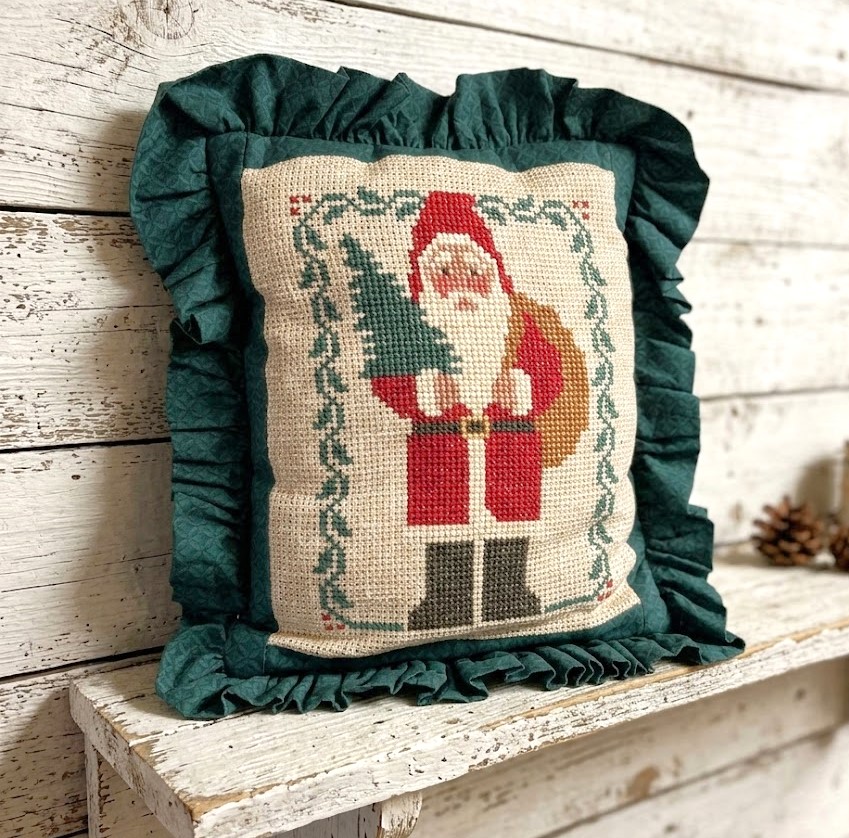 Handmade cross stitch Santa pillow case cover, with ruffle 16 x 12 inches