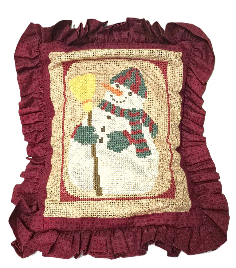 Handmade cross stitch Snowman pillow case cover, with ruffle 16 x 12 inches