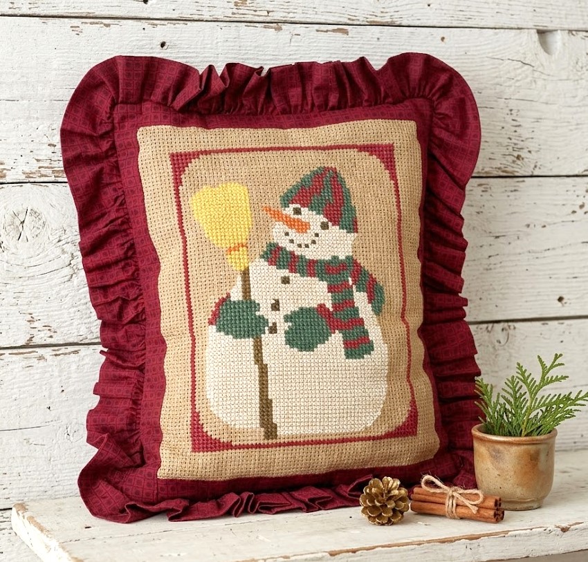 Handmade cross stitch Snowman pillow case cover, with ruffle 16 x 12 inches