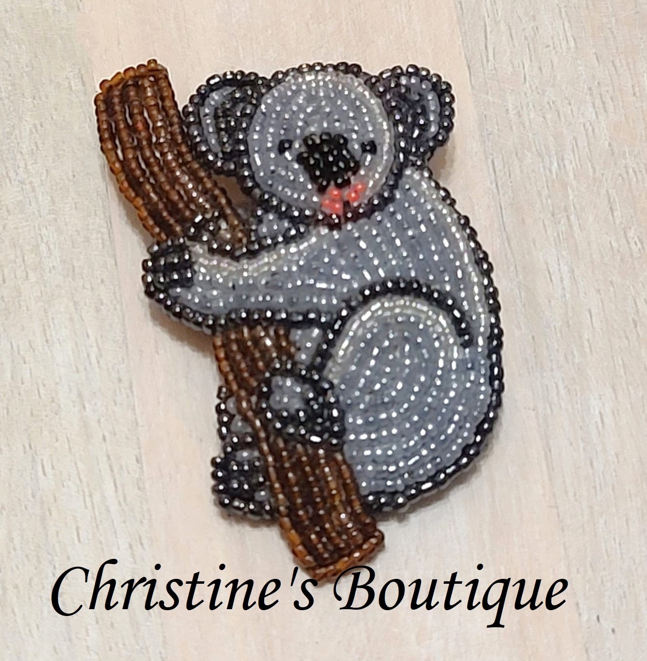 Koala bear pin, handcrafted, glass seed beads - Click Image to Close