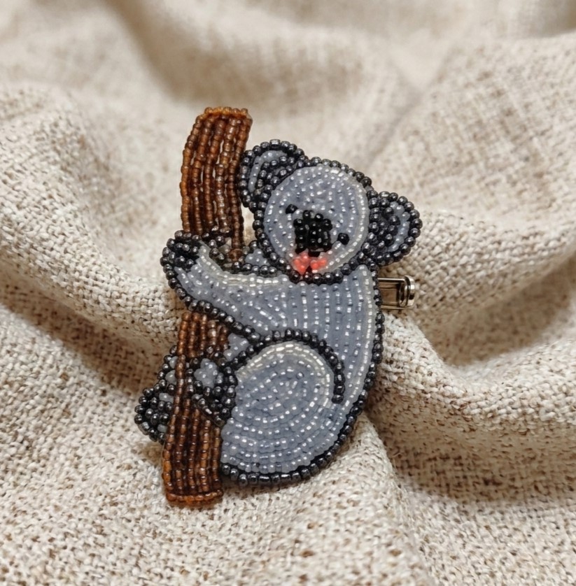 Koala bear pin, handcrafted, glass seed beads