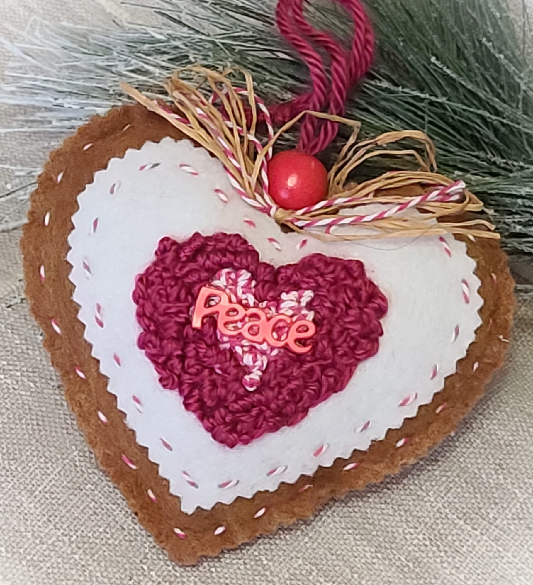 Gingerbread felt and embroiddery PEACE heart ornament - PINK - Click Image to Close