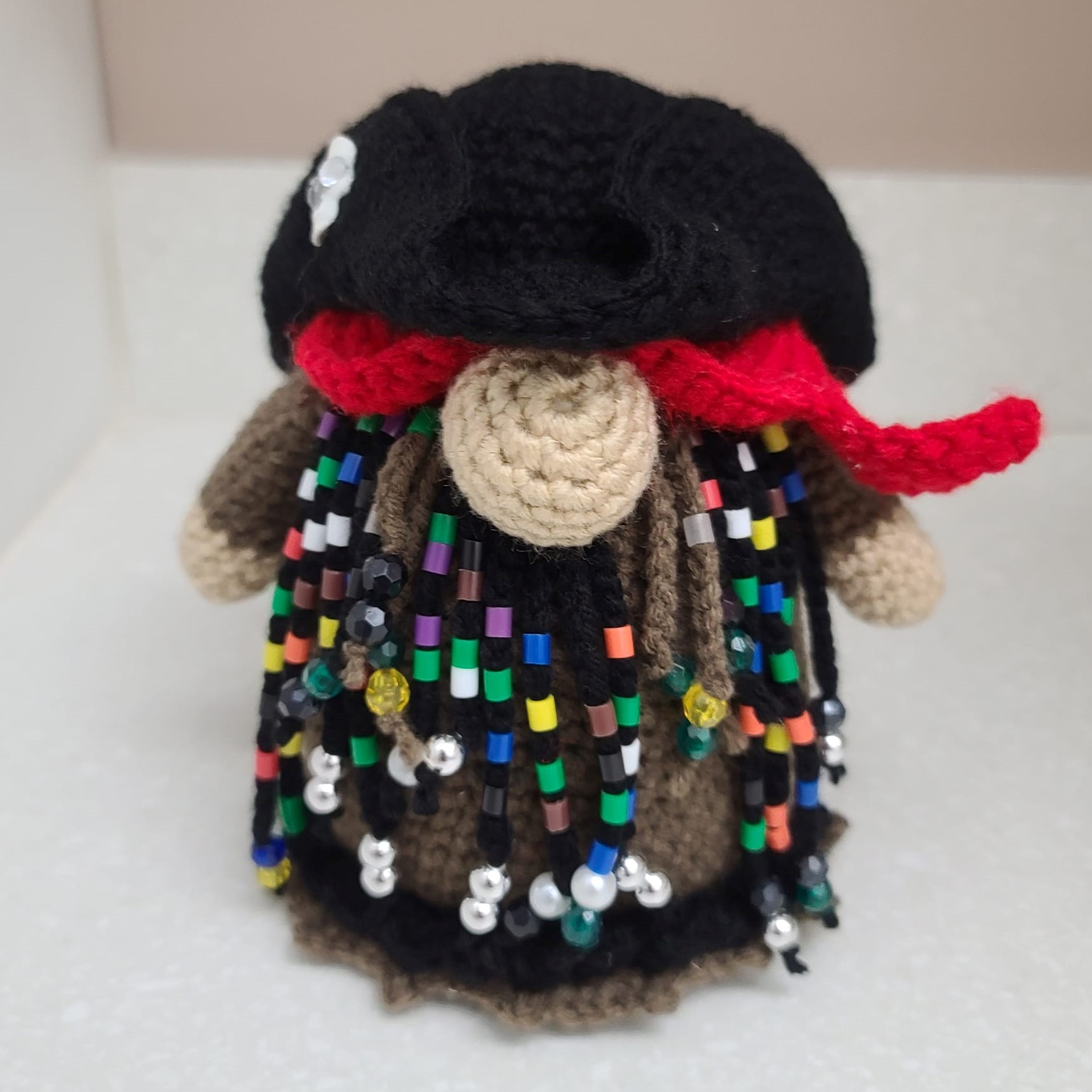 Handmade Crochet Pirate Gnome with Beaded Fringe Buccaneer Hat