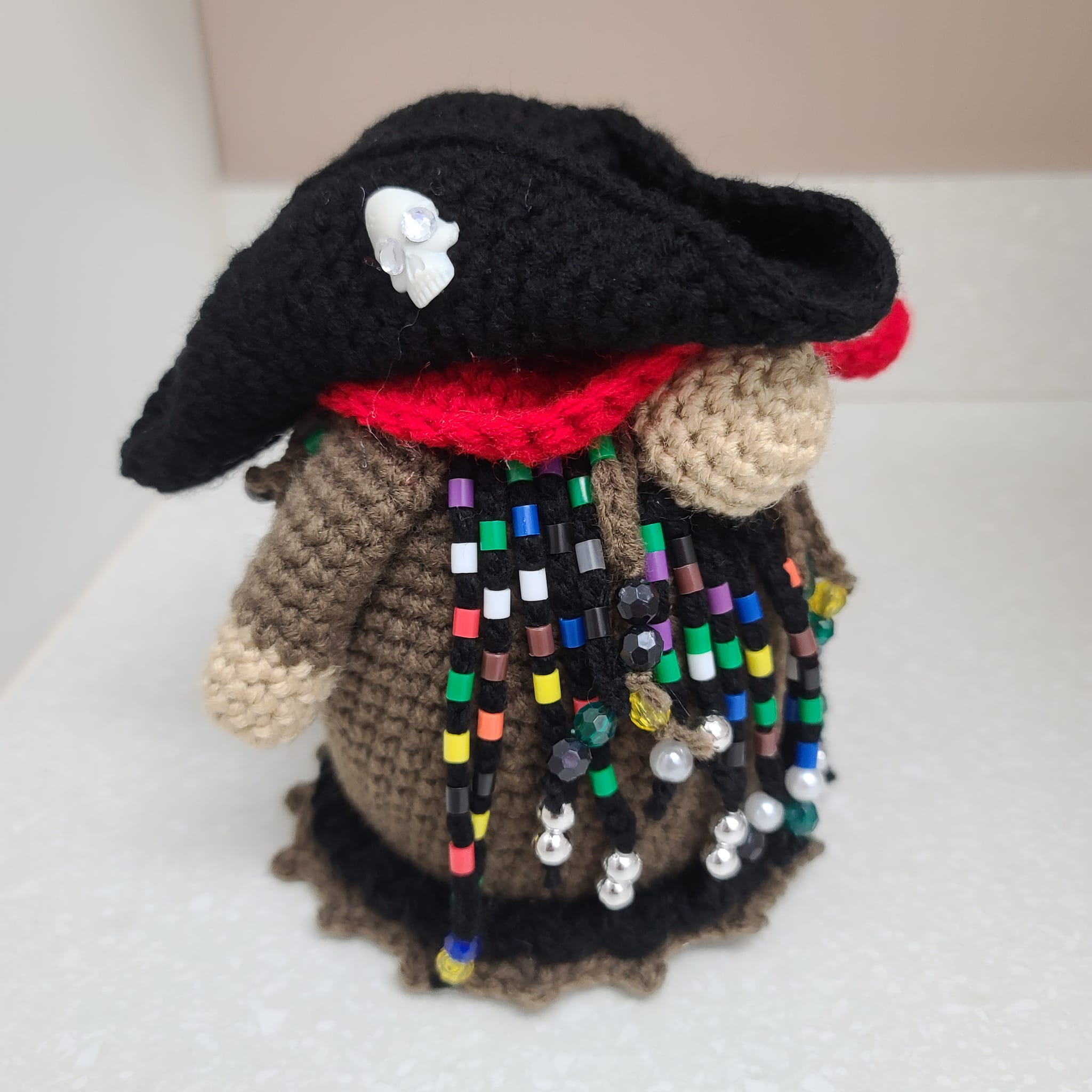 Handmade Crochet Pirate Gnome with Beaded Fringe Buccaneer Hat