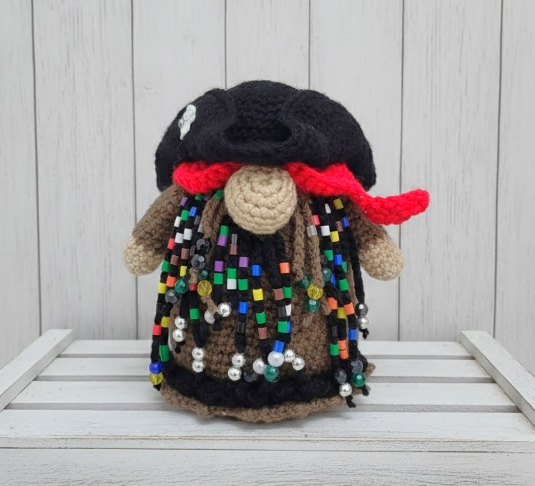 Handmade Crochet Pirate Gnome with Beaded Fringe Buccaneer Hat Handmade Crochet Pirate Gnome with Beaded Fringe Buccaneer Hat