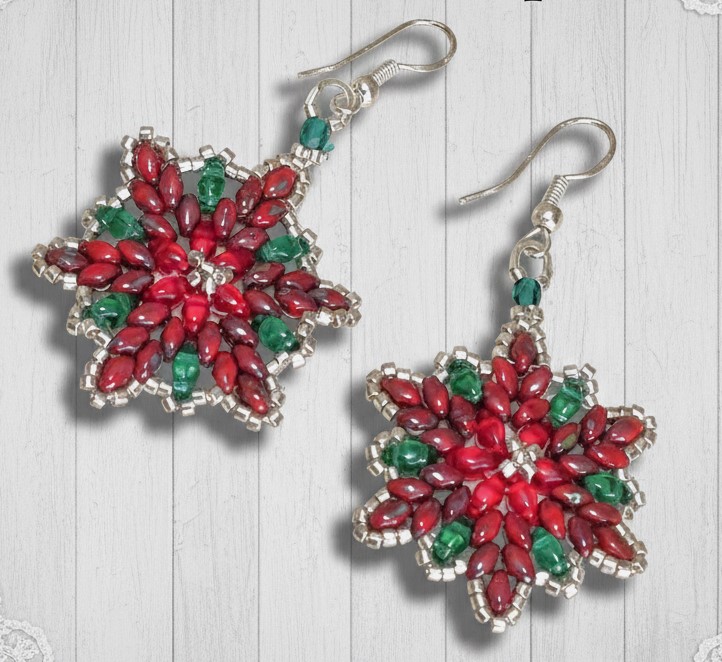 Pointsettia earrings, handcrafted, glass miyuki beads