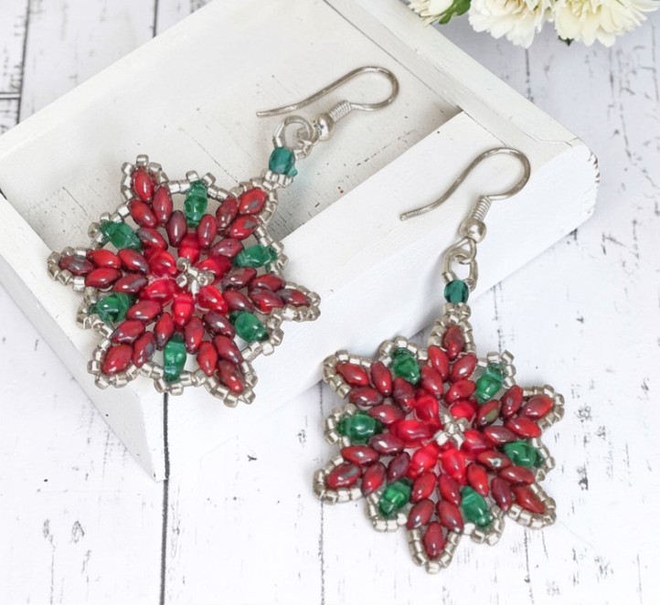 Pointsettia earrings, handcrafted, glass miyuki beads