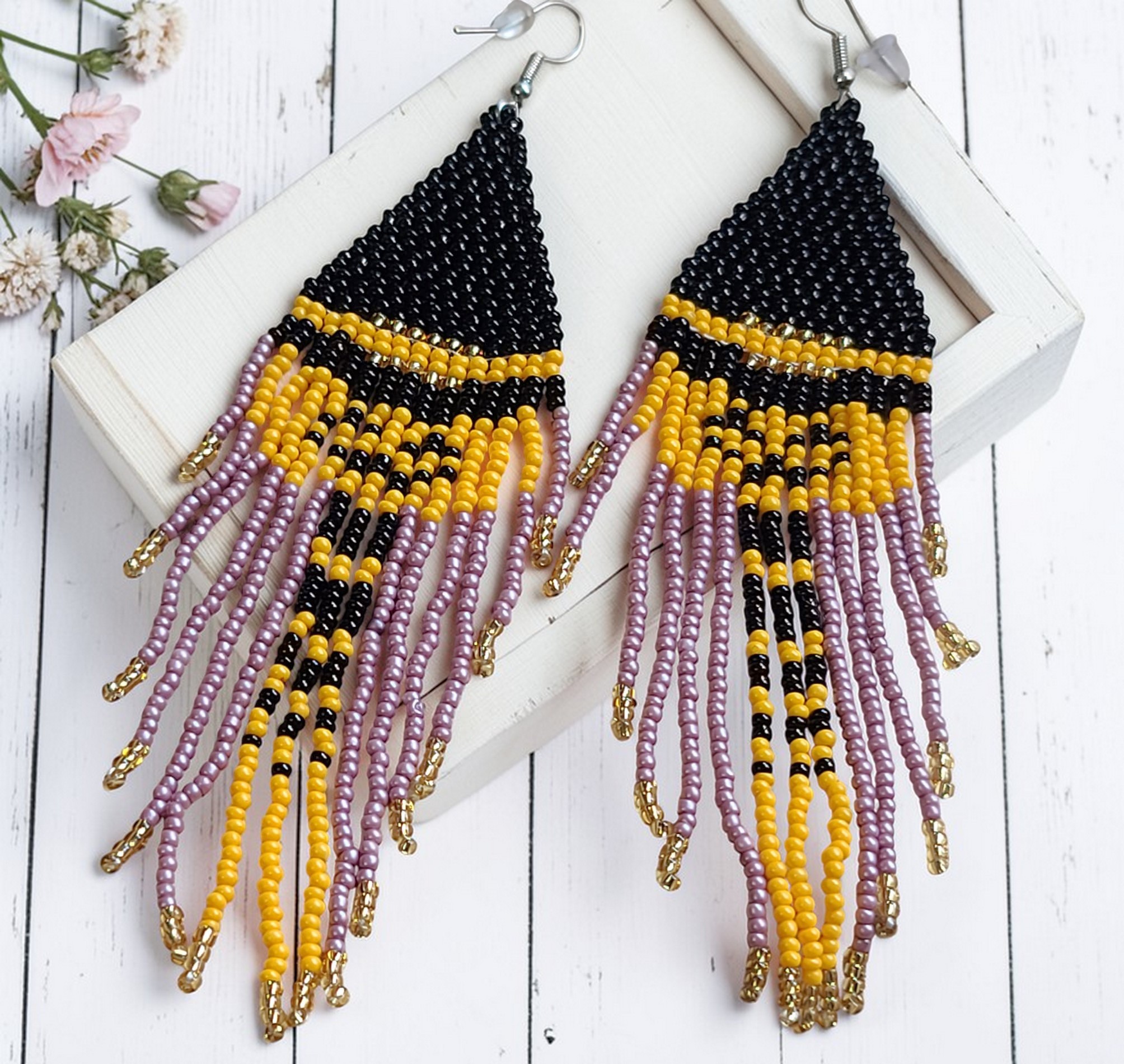 Beaded Halloween pumpkin fringe earrings