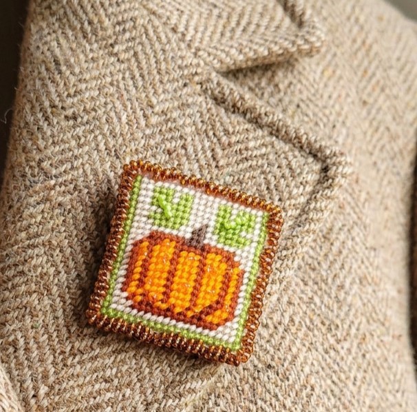 Pumpkin pin, handcrafted, needlepoint and beadwork