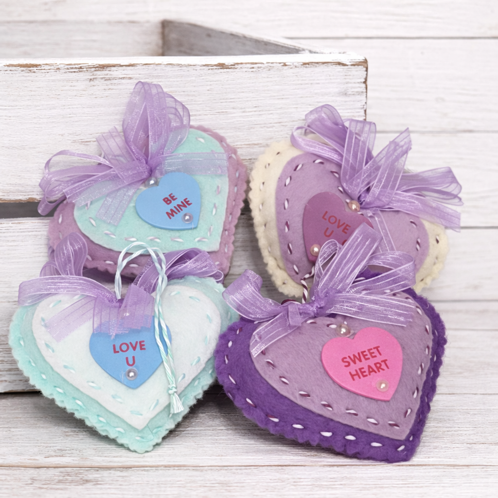Sweet heart candy heart felt ornaments set of 4 valentine PURPLE