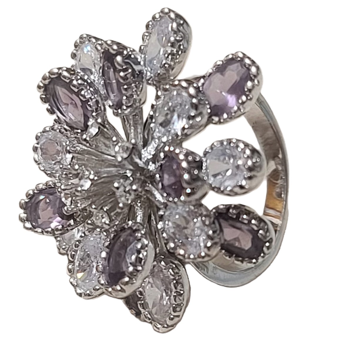 Purple and white crystal flower spray costume ring size 8