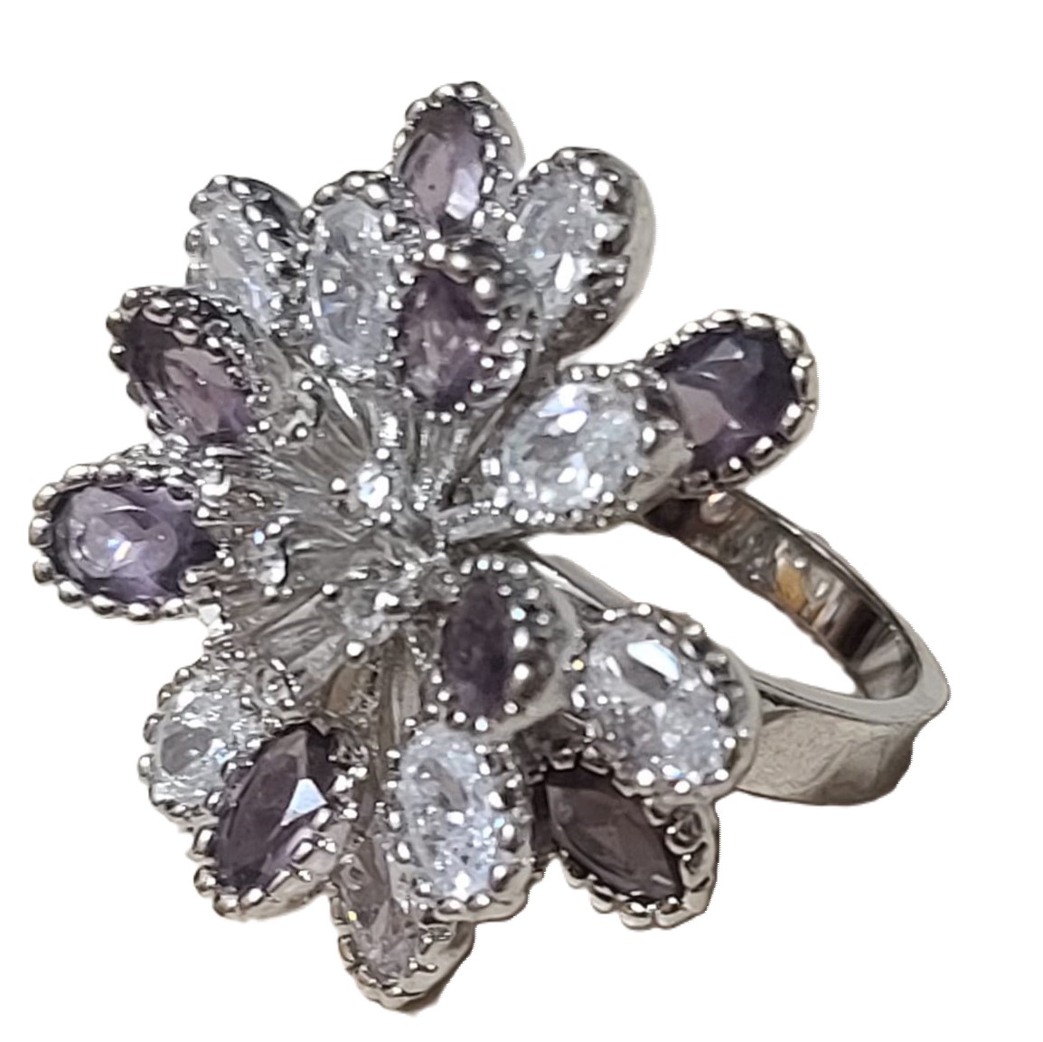 Purple and white crystal flower spray costume ring size 8