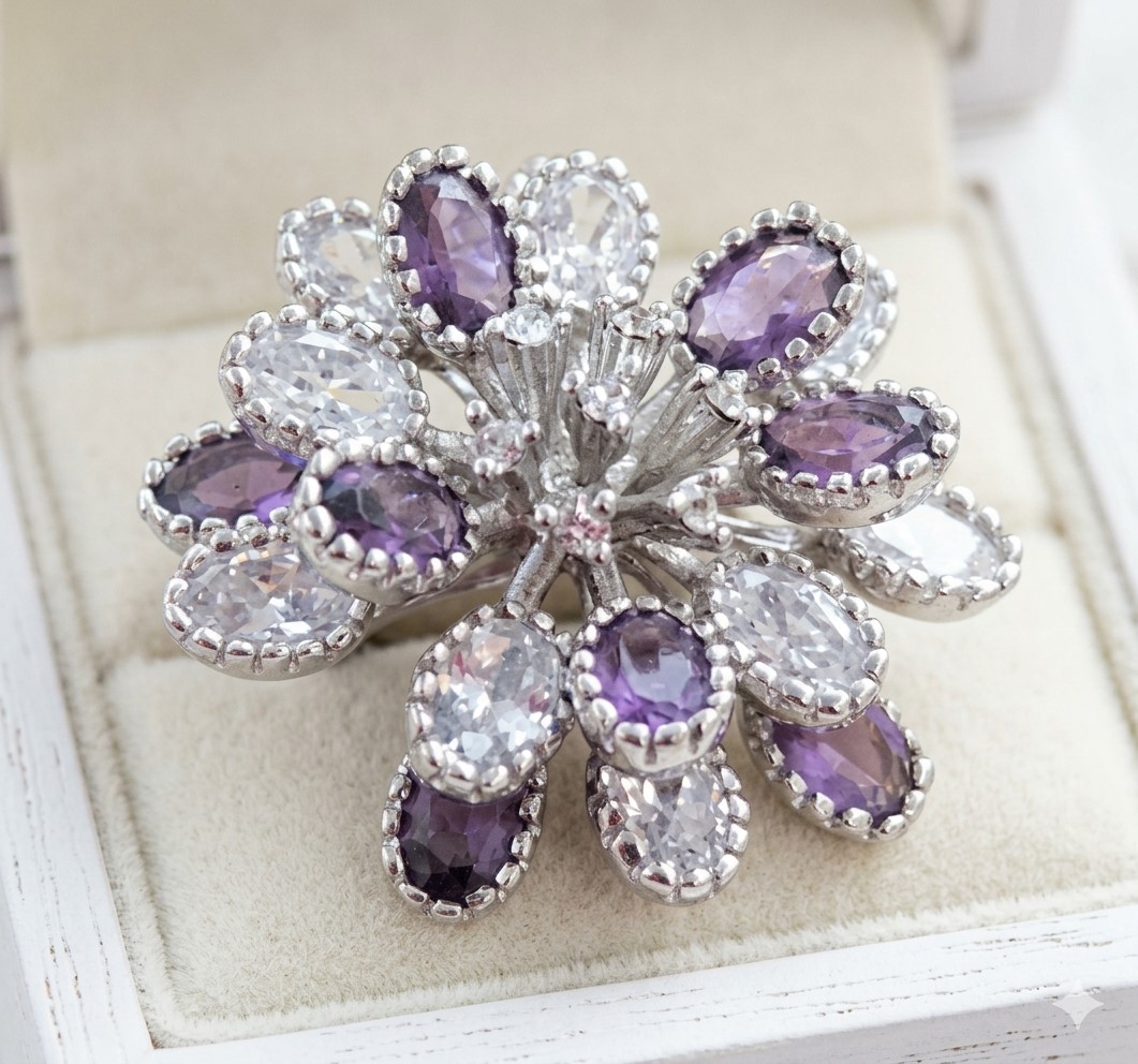 Statement Flower Ring with Purple and White Crystals Size 8