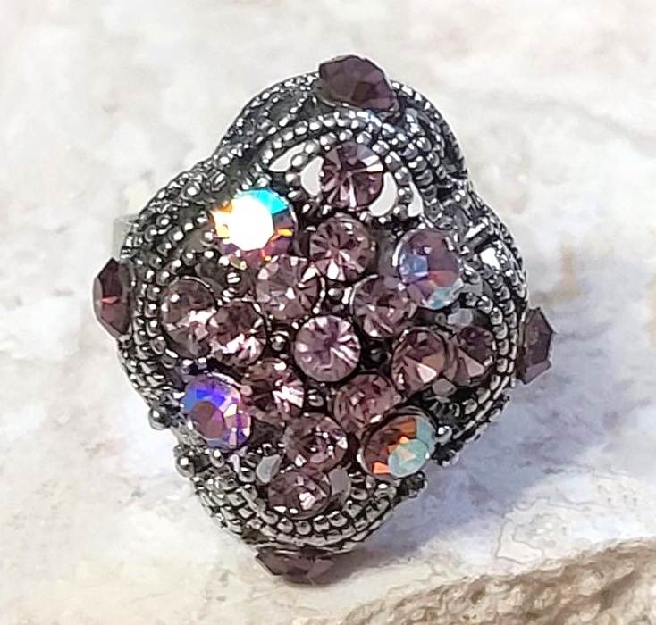 Austrian crystal ring, antique look, statement adjustable ring