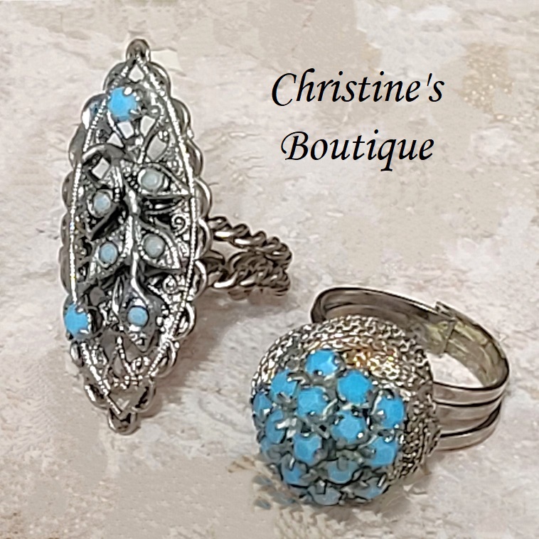 Vintage adjustable rings, set of 2, turquoise cabachons - Click Image to Close