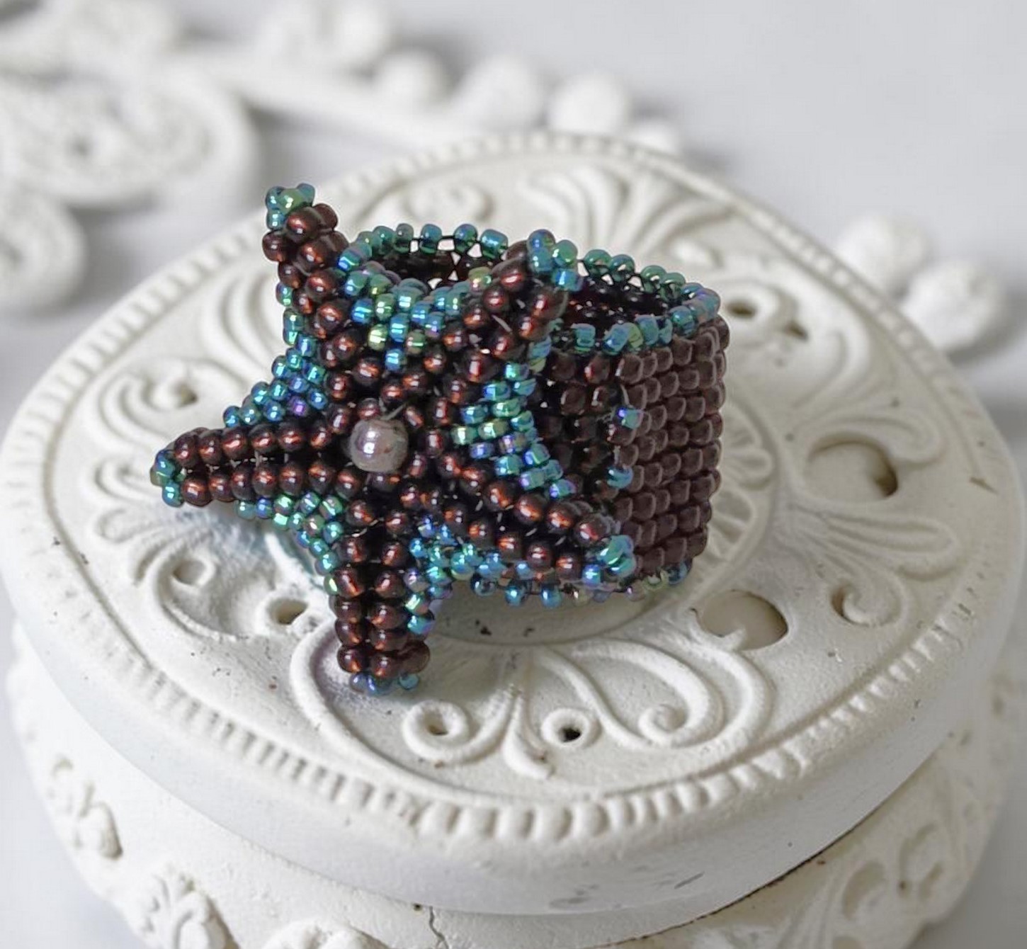 Miyuki Beaded Ring with 3D Starfish Design Size 8
