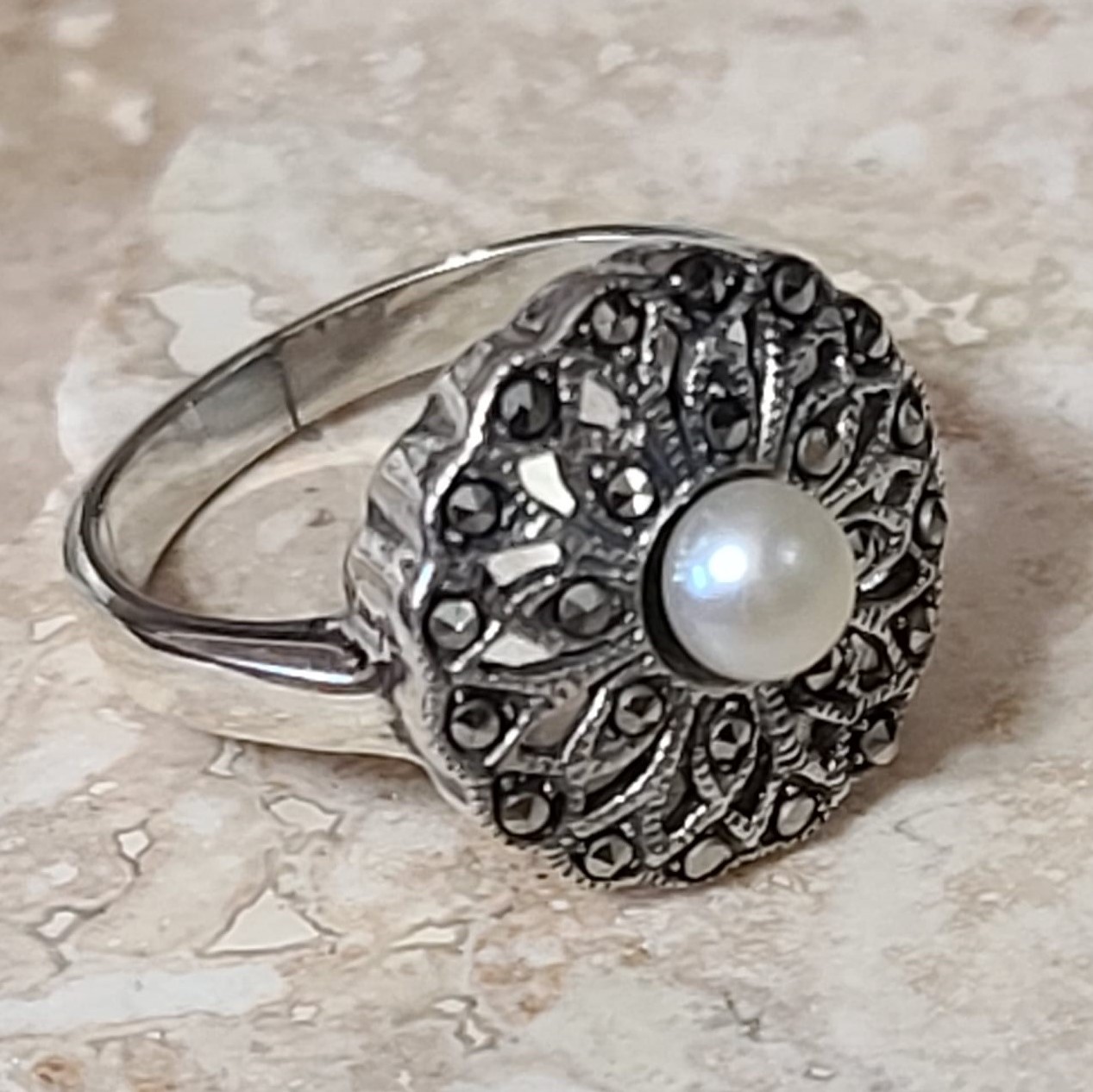 Sterling silver, marcasite and geniune pearl ring size 7