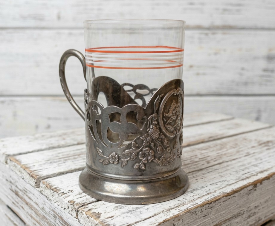 Glass Tea and Metal Holder BOGDAN Khmelnitsky Ukraine Hetman on Horse