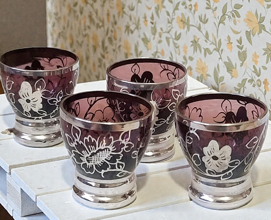 Barware, vintage shot glasses, amethyst purple glass with handpainted design, set of 4 Barware, vintage shot glasses, amethyst purple glass with handpainted design, set of 4
