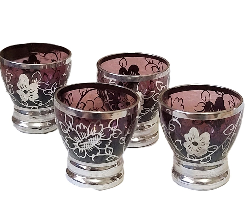 Barware, vintage shot glasses, amethyst purple glass with handpainted design, set of 4 - Click Image to Close