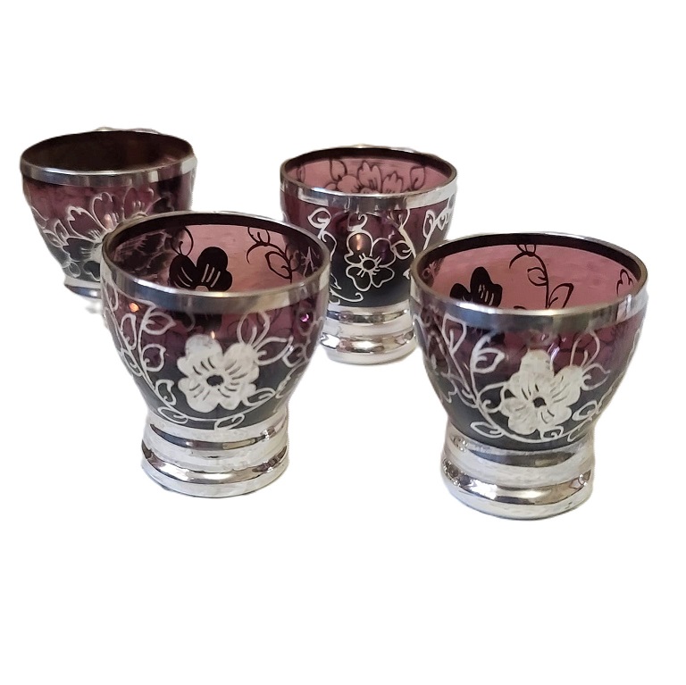 Barware, vintage shot glasses, amethyst purple glass with handpainted design, set of 4