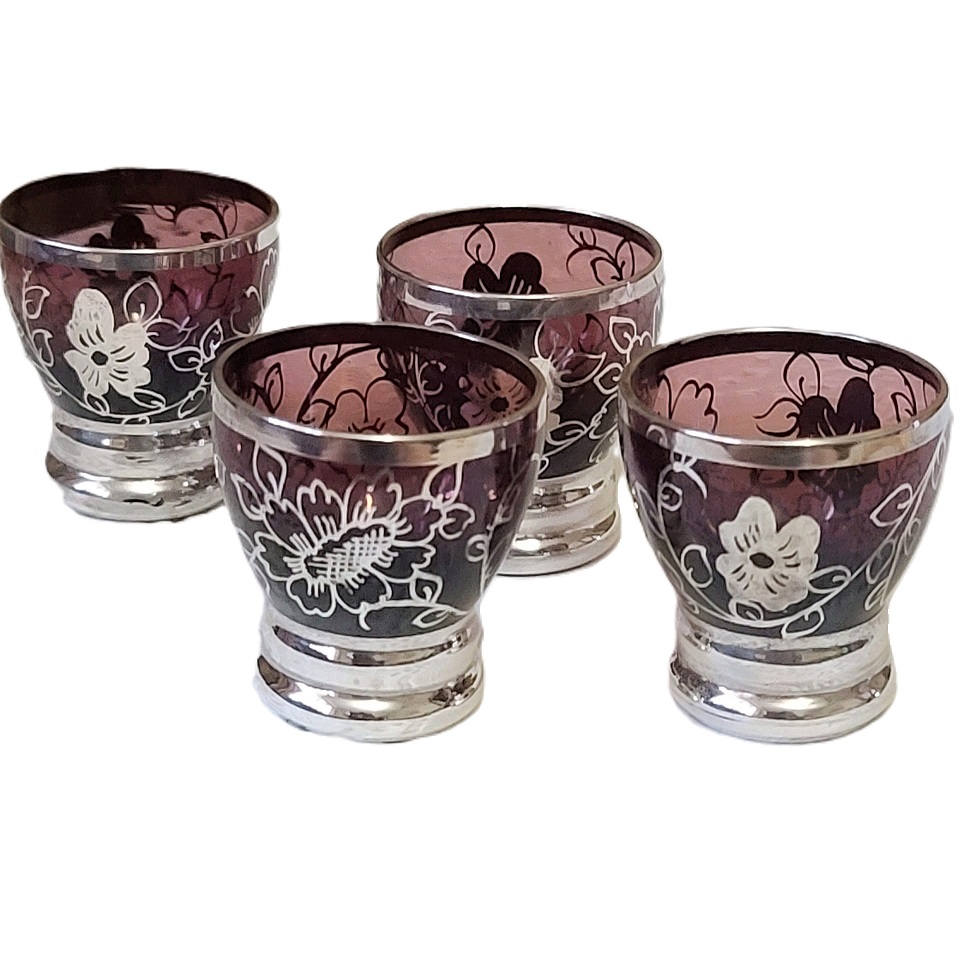 Barware, vintage shot glasses, amethyst purple glass with handpainted design, set of 4