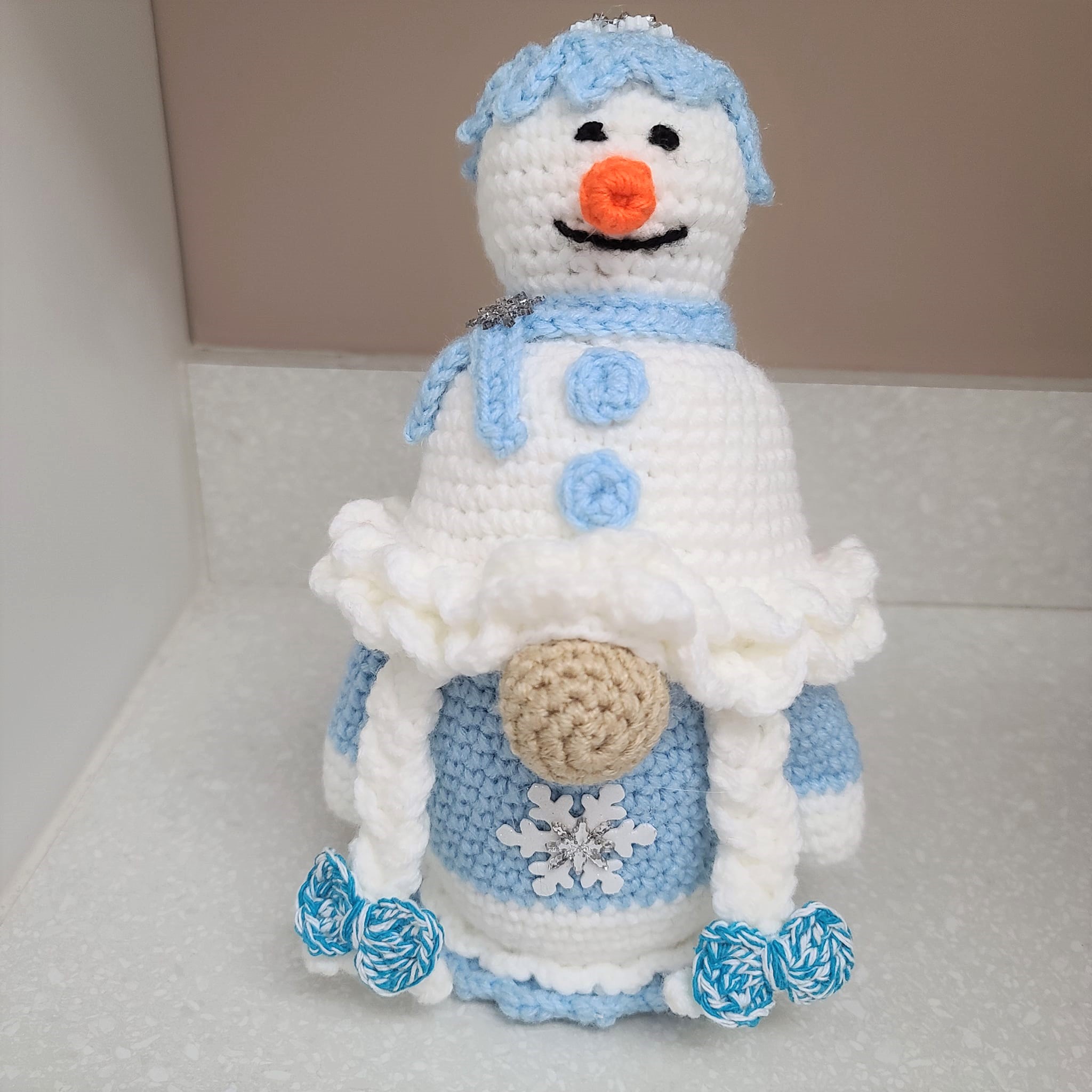 Handmade Crochet Snowgirl Gnome, Winter blue Gnome