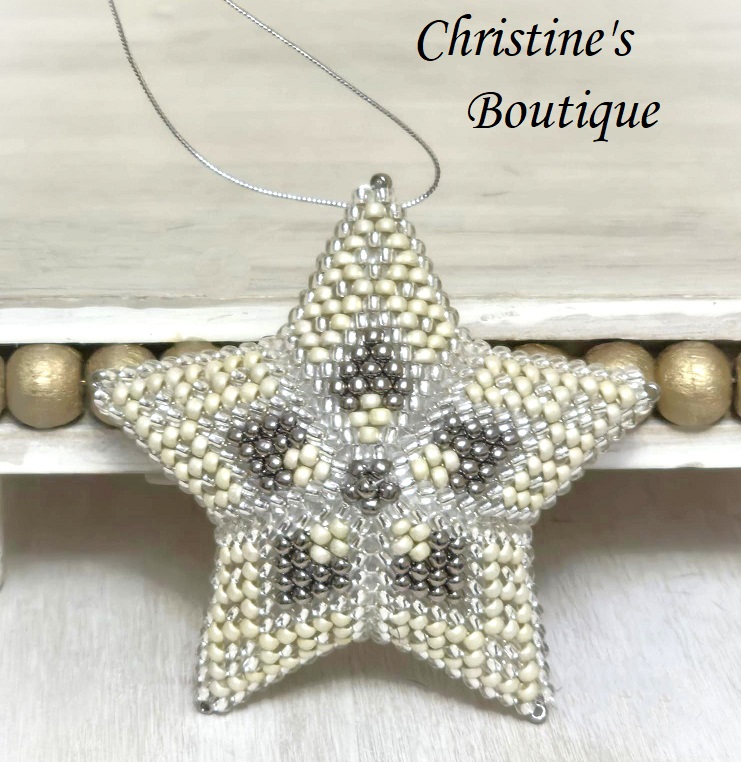 Handmade Beaded 3D Star Ornament, Glass Christmas Tree ornament, ivory, white and silver - Click Image to Close