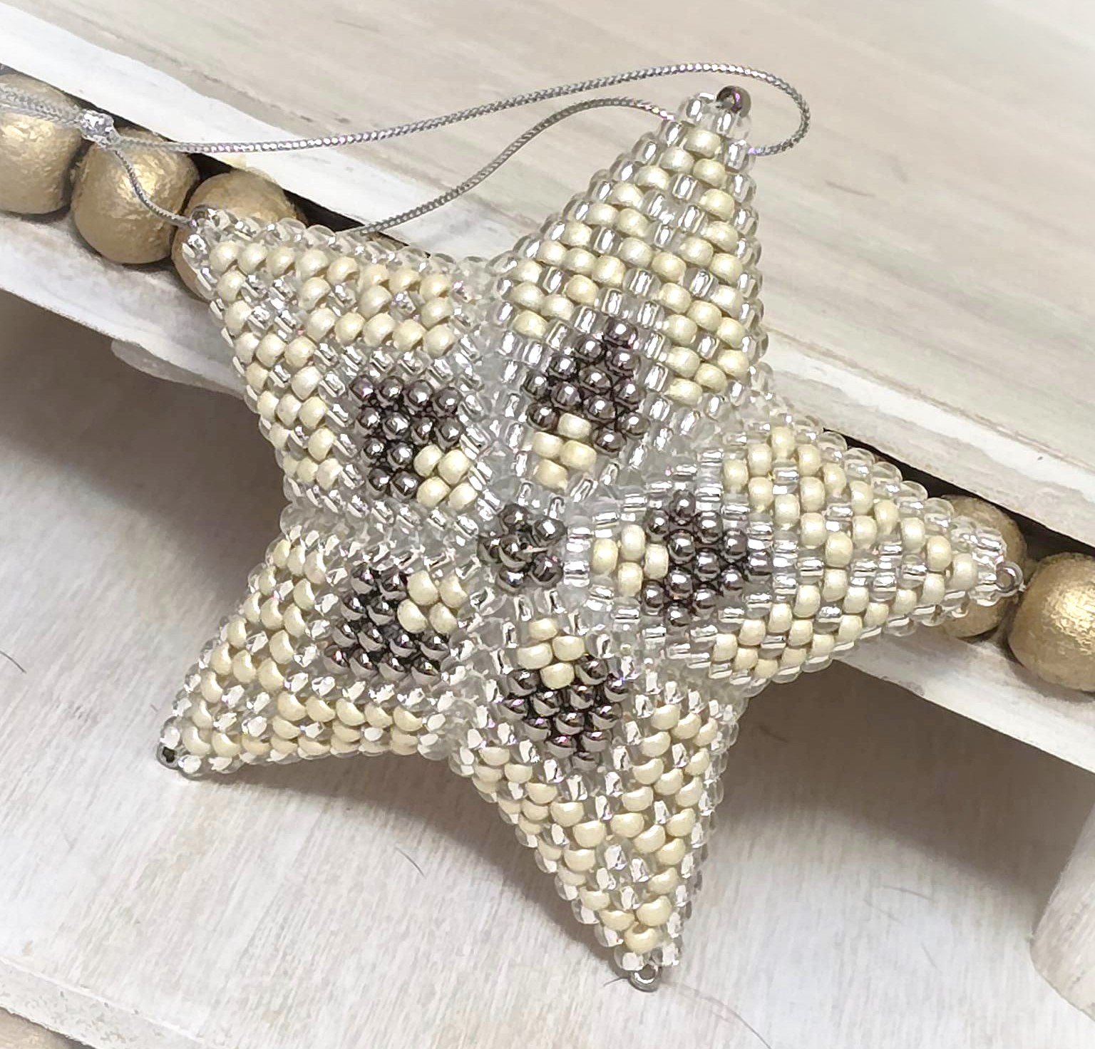 Handmade Beaded 3D Star Ornament, Glass Christmas Tree ornament, ivory, white and silver