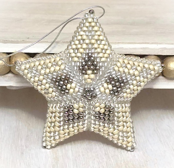 Handmade Beaded 3D Star Ornament, Glass Christmas Tree ornament, ivory, white and silver
