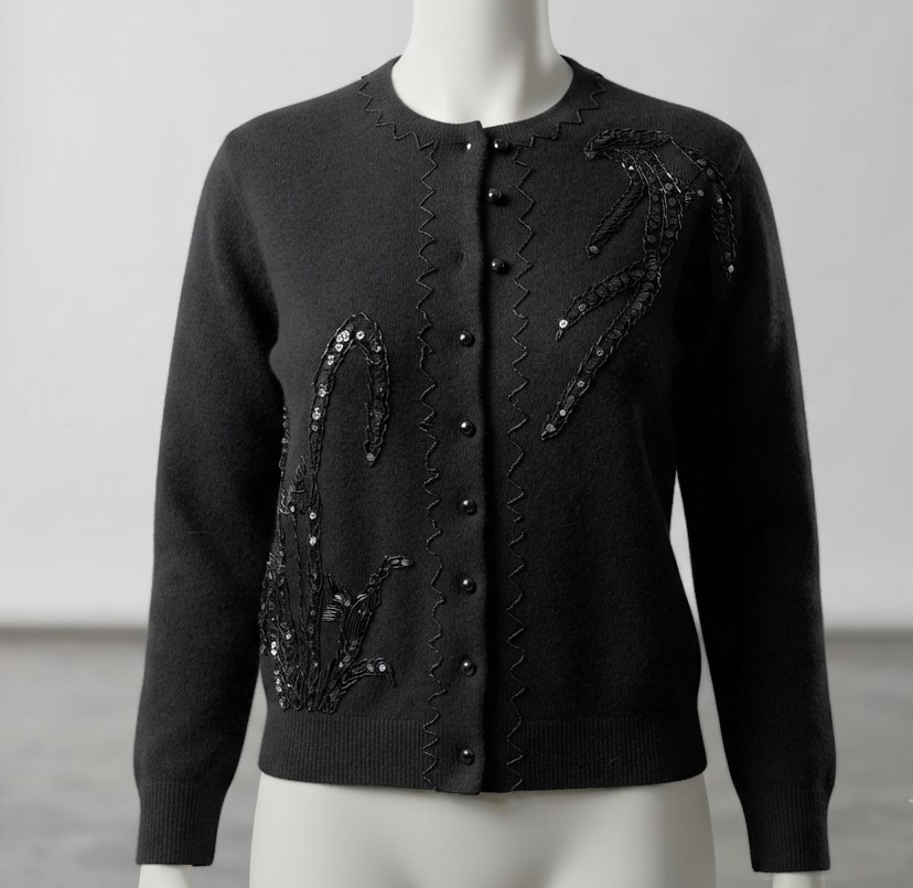 Vintage beaded sweater, cardigan style, black, lined sweater