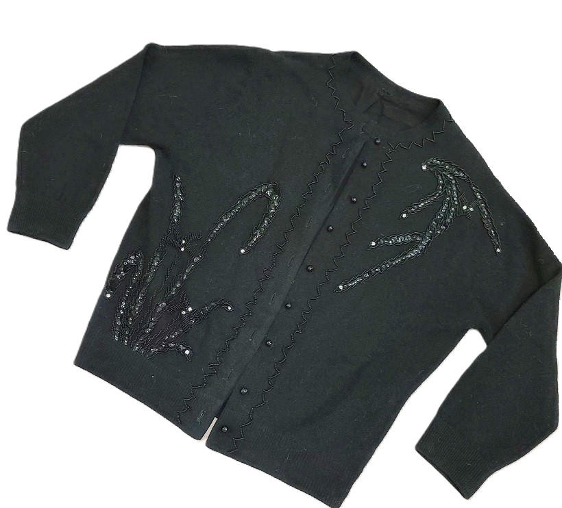 Vintage beaded sweater, cardigan style, black, lined sweater