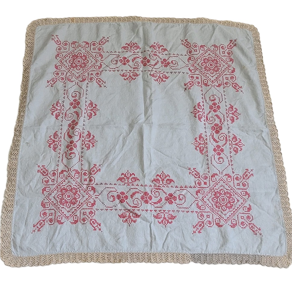 Vintage embroidery table cloth doily taupe and rose - Click Image to Close