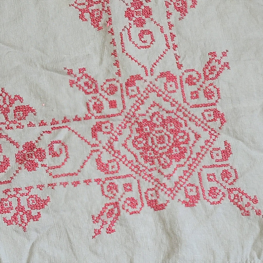 Vintage embroidery table cloth doily taupe and rose