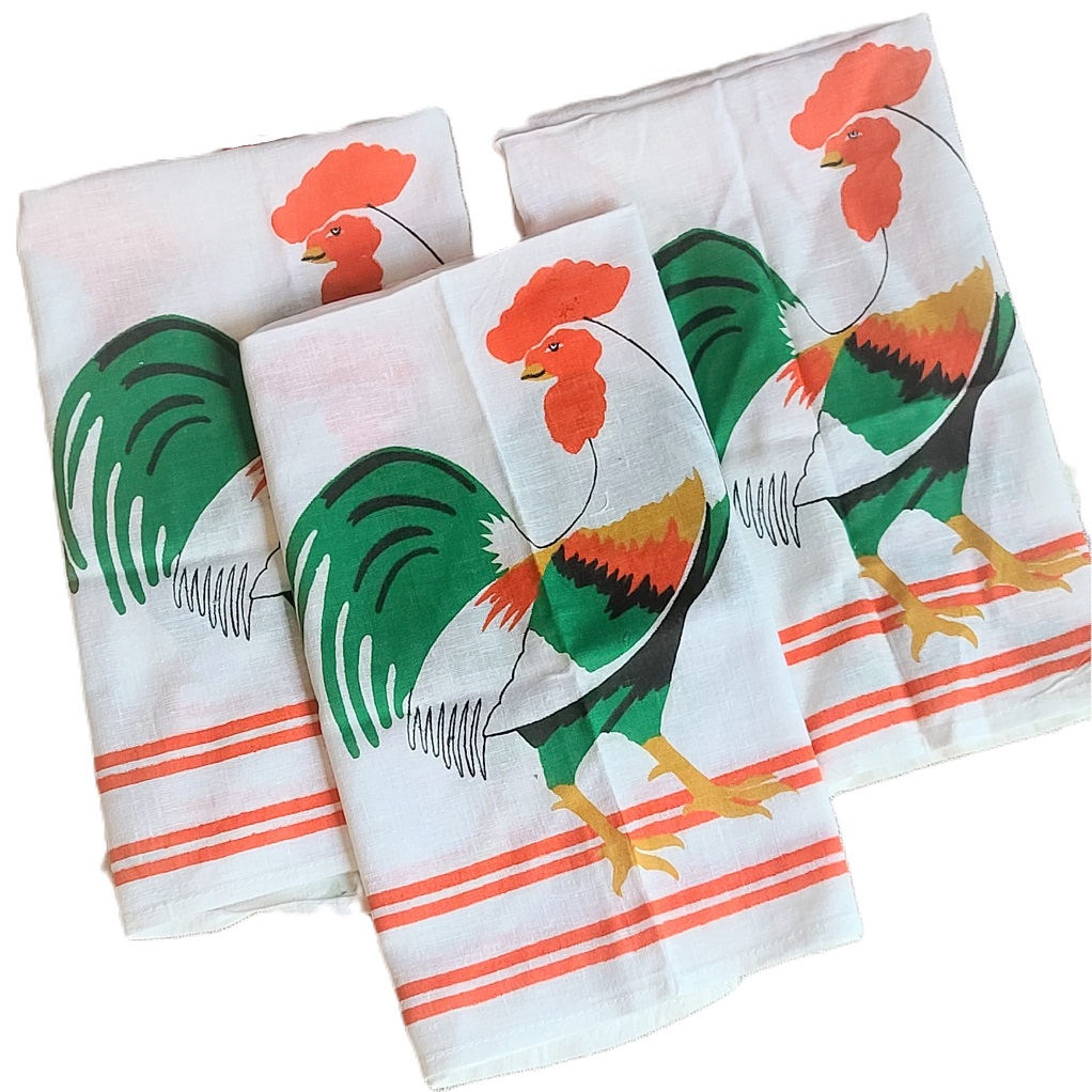 Vintage set of 3 tea towels - Rooster pattern - Click Image to Close