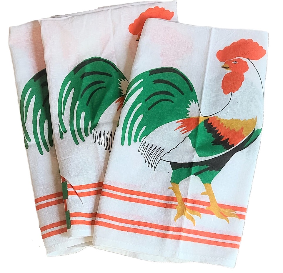 Vintage set of 3 tea towels - Rooster pattern