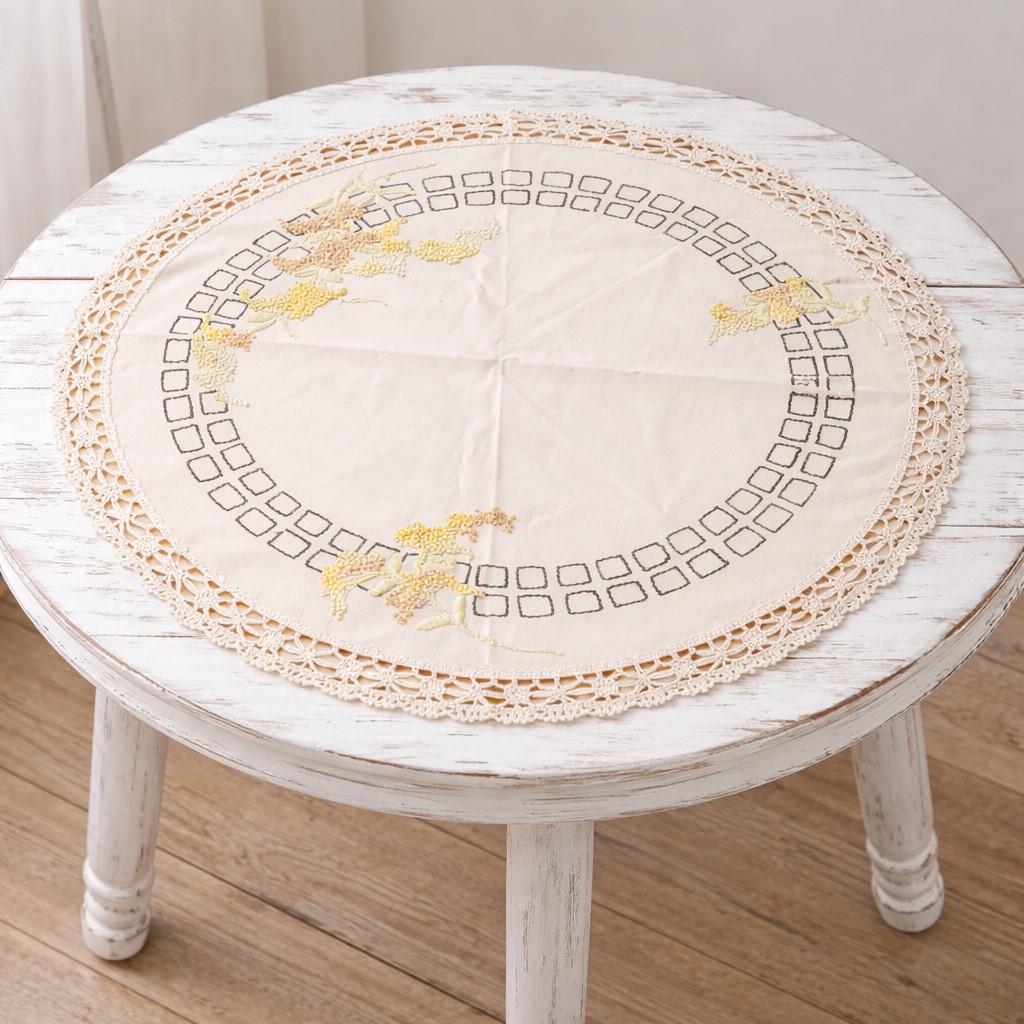 Embroidery and Linen Tablecloth or Large Doiley Round Farmhouse Decor