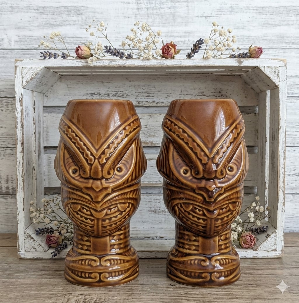 Vintage Tiki goblets, ceramic , Head Hunter Tiki Mugs, DW136 1990's barware
