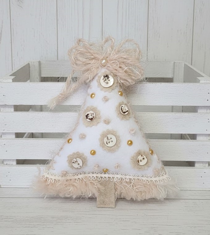 Christmas felt tree ornament - white and beige