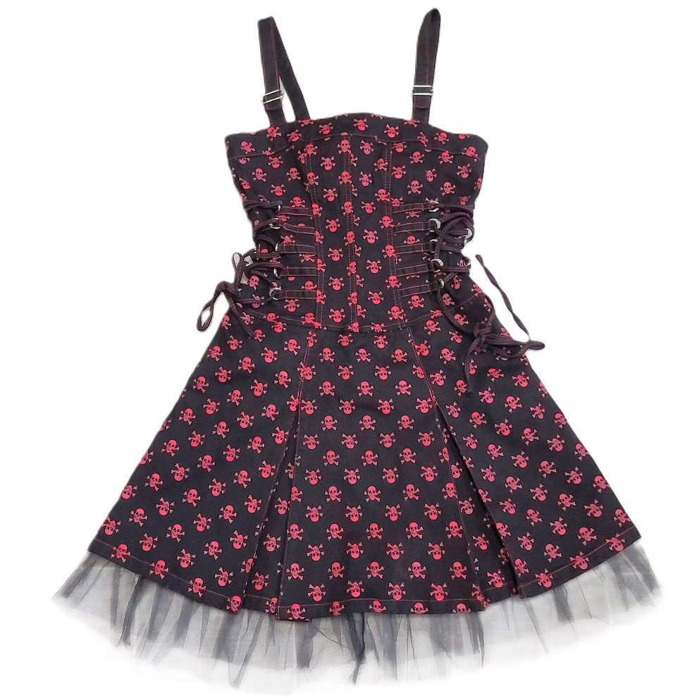 TRIPP NYC retired corset skull dress with tulle red and black - Click Image to Close